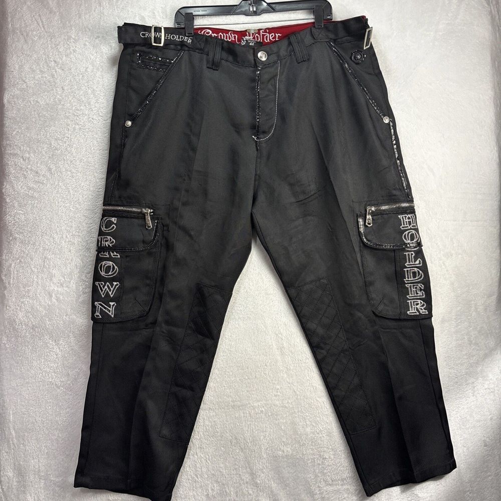 Crown Holder Black Nylon Pants Size 44 button fly with embroidery metal "Read"